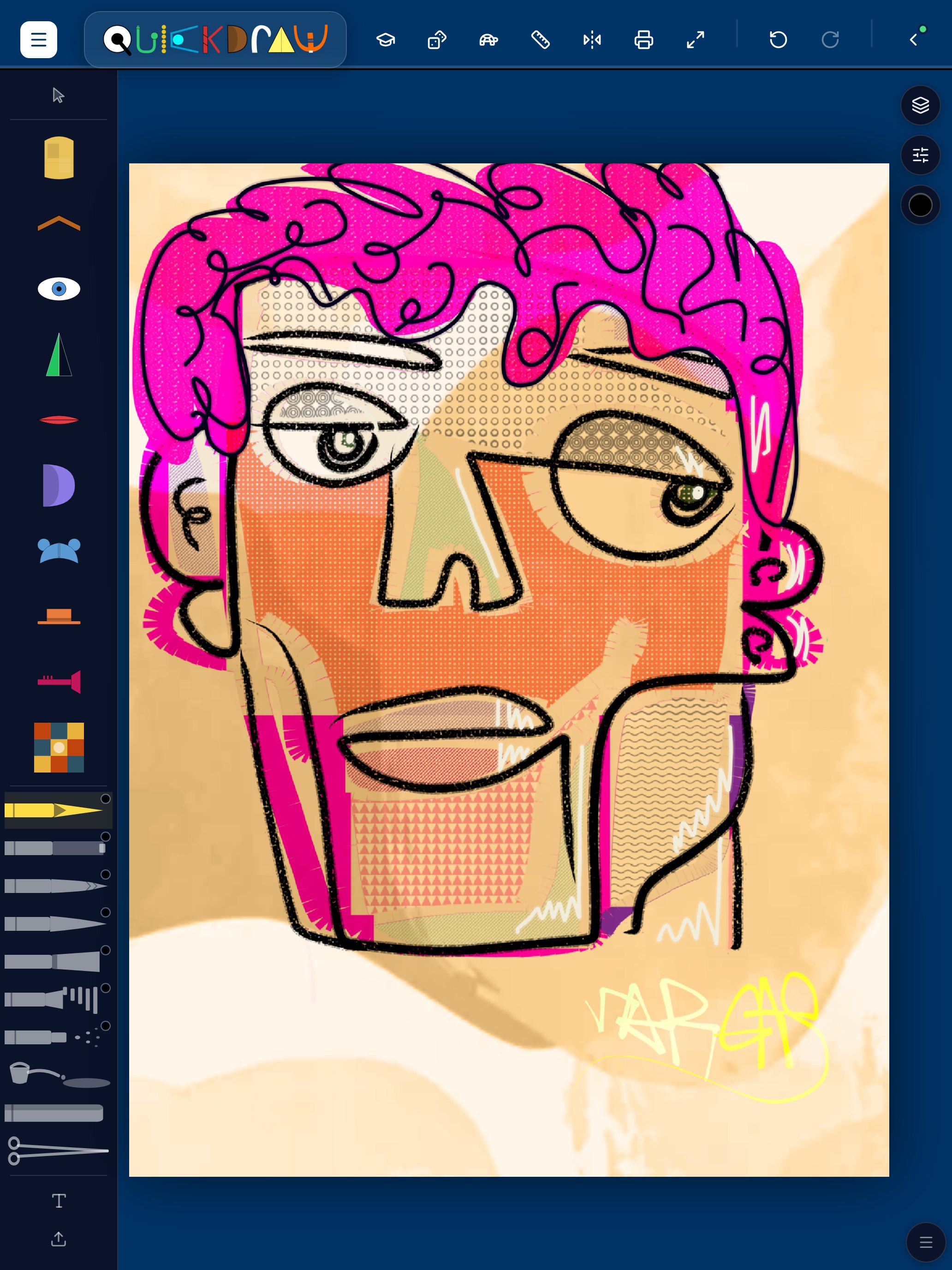 The Quickdraw editor on iPad: a parts shelf and brushes down the left, a portrait on the canvas, and layers and settings on the right