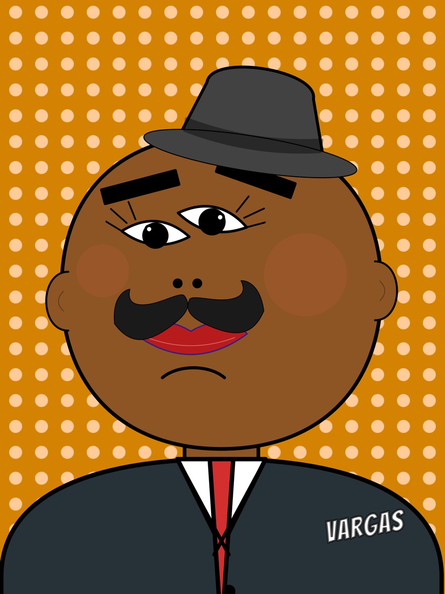 A mustached man in a gray fedora on orange polka dots