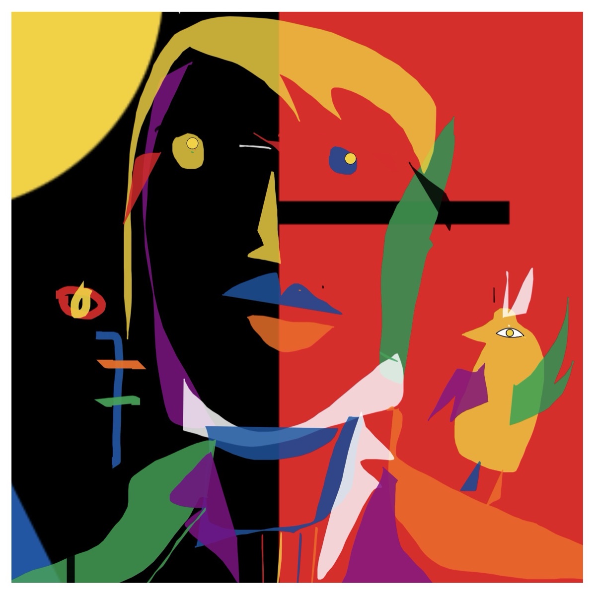 A split black-and-red face with a yellow sun and a small bird, in loose color shapes
