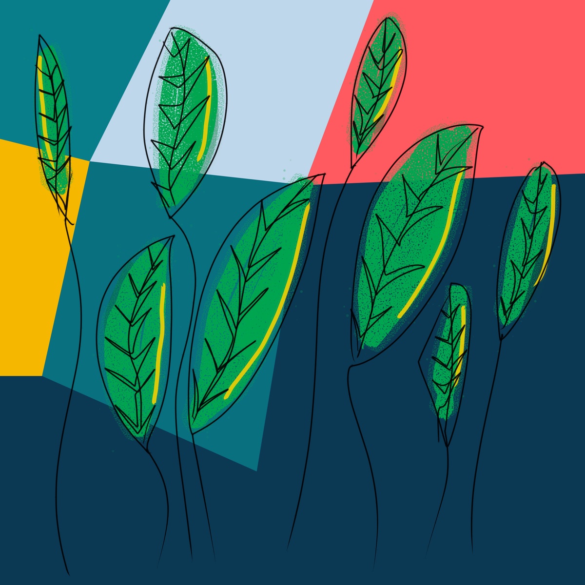 Green leaves drawn over flat color blocks