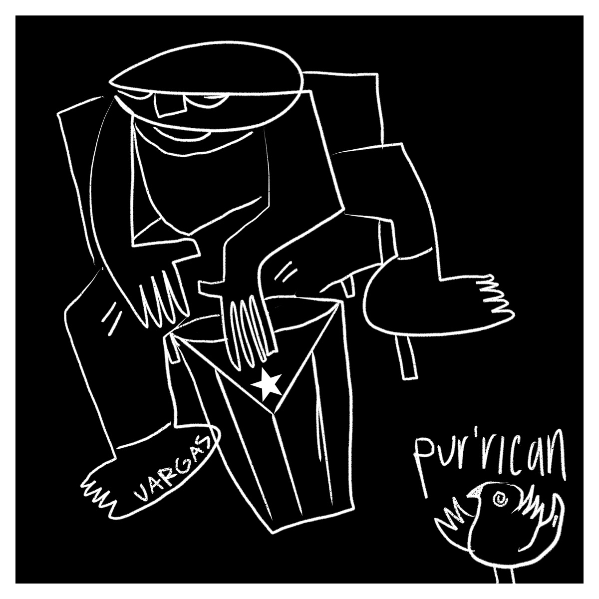 White line drawing of a conga player on black