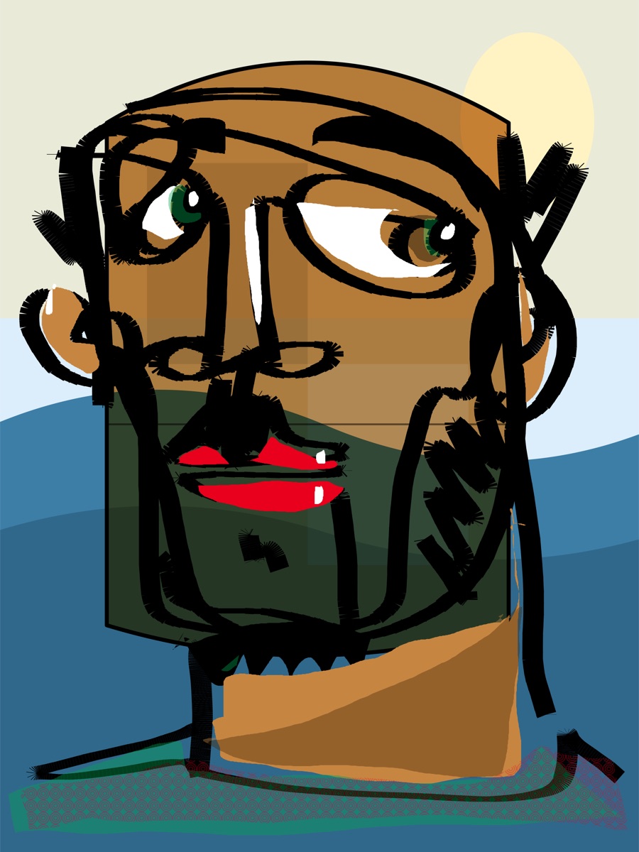 Bearded portrait with thick brush lines and a sea backdrop