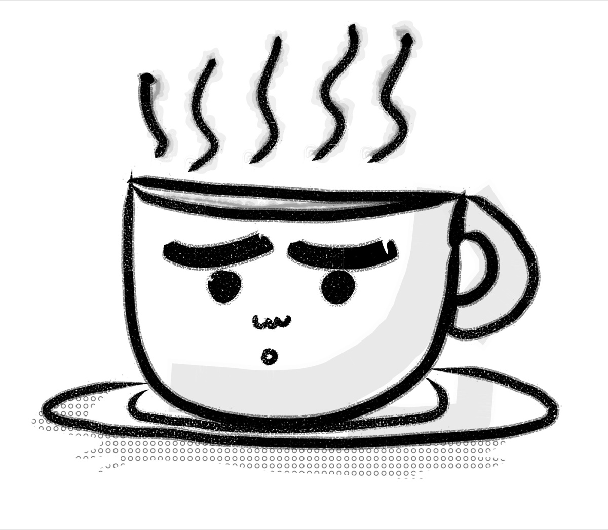 A grumpy steaming coffee cup in black ink