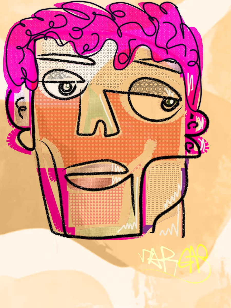 Pink-haired portrait filled with dot and stripe patterns
