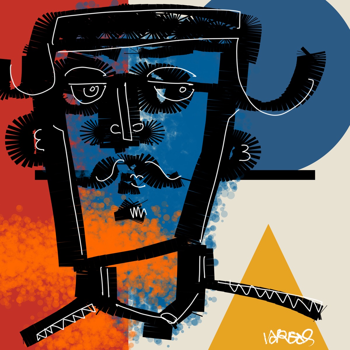Bold cubist portrait with a blue face, orange spray, and a yellow triangle