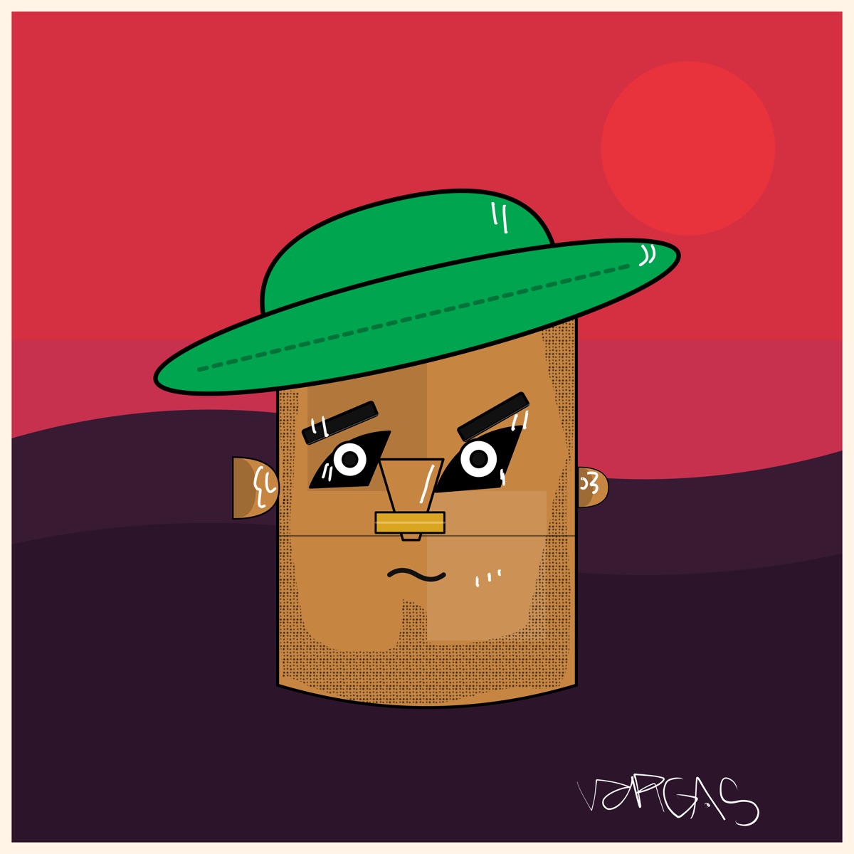 A square-headed character in a green hat at sunset