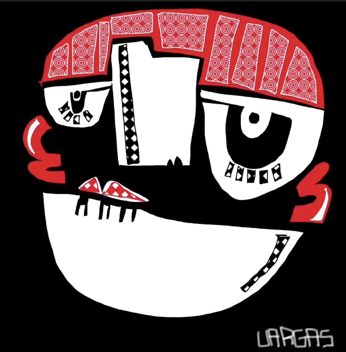 A red, white and black face made of bold shapes and patterns